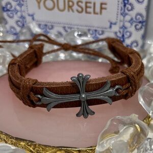 Brown Leather Bracelet with Silver Cross